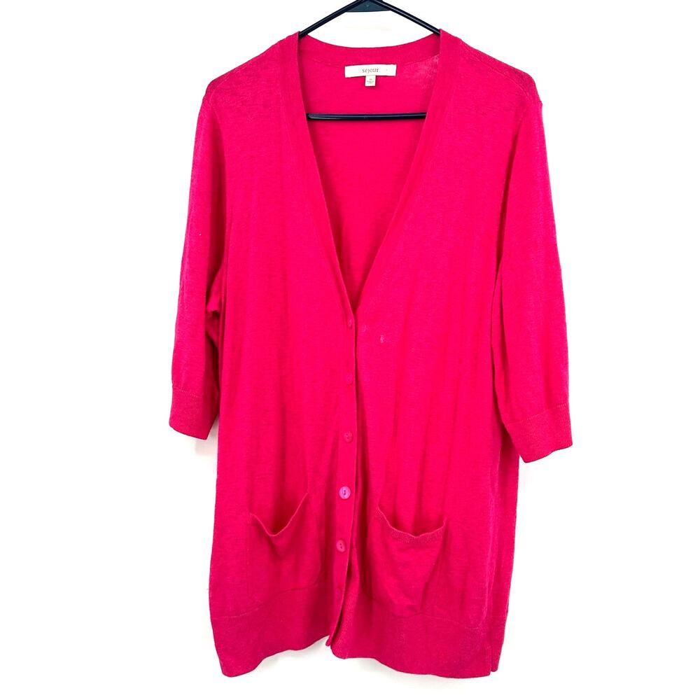 Sejour Size 1X Sweater Red Short Sleeve Button Up Front Pockets Summer Coverup‎